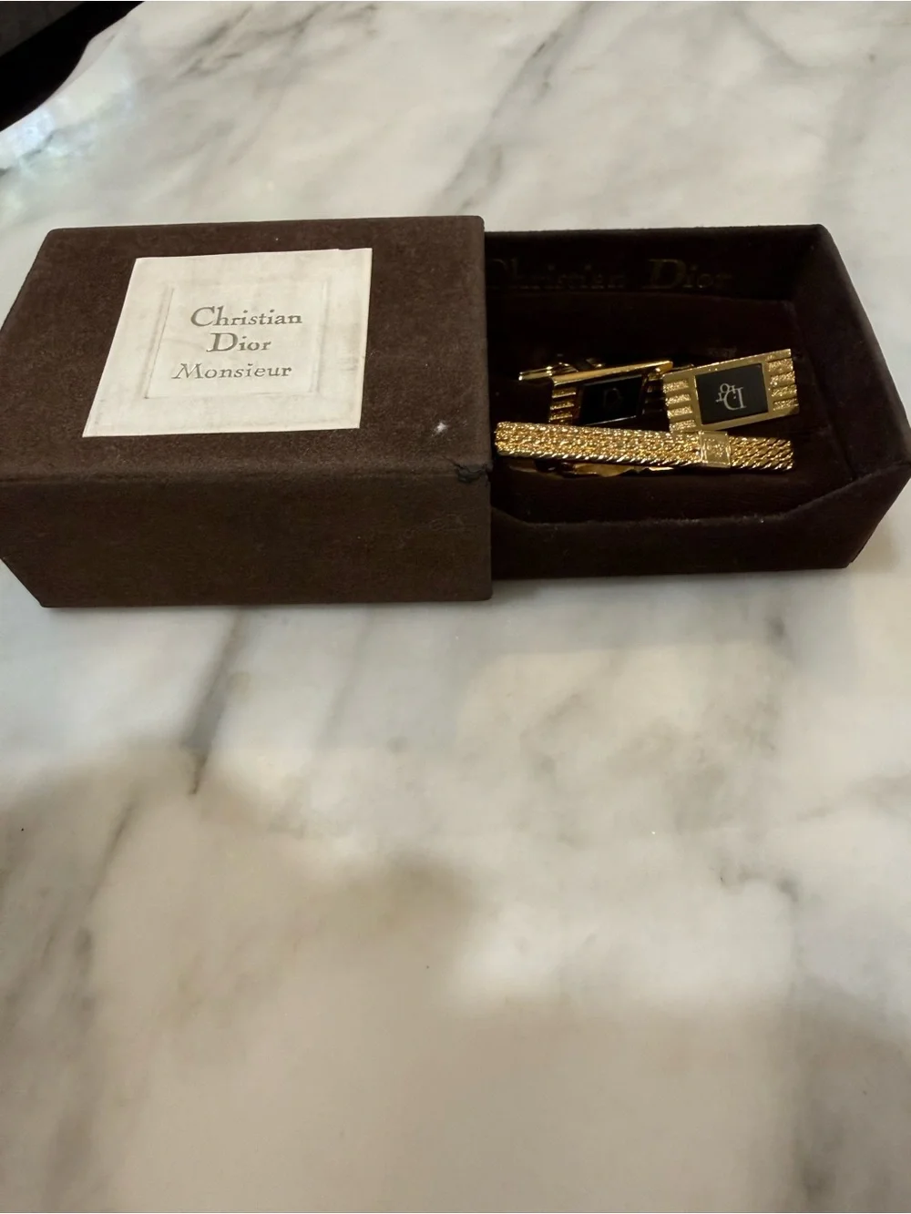 Vintage Christian Dior Monsieur Gold Tone Cufflinks & Tie Bar Set w/ Box